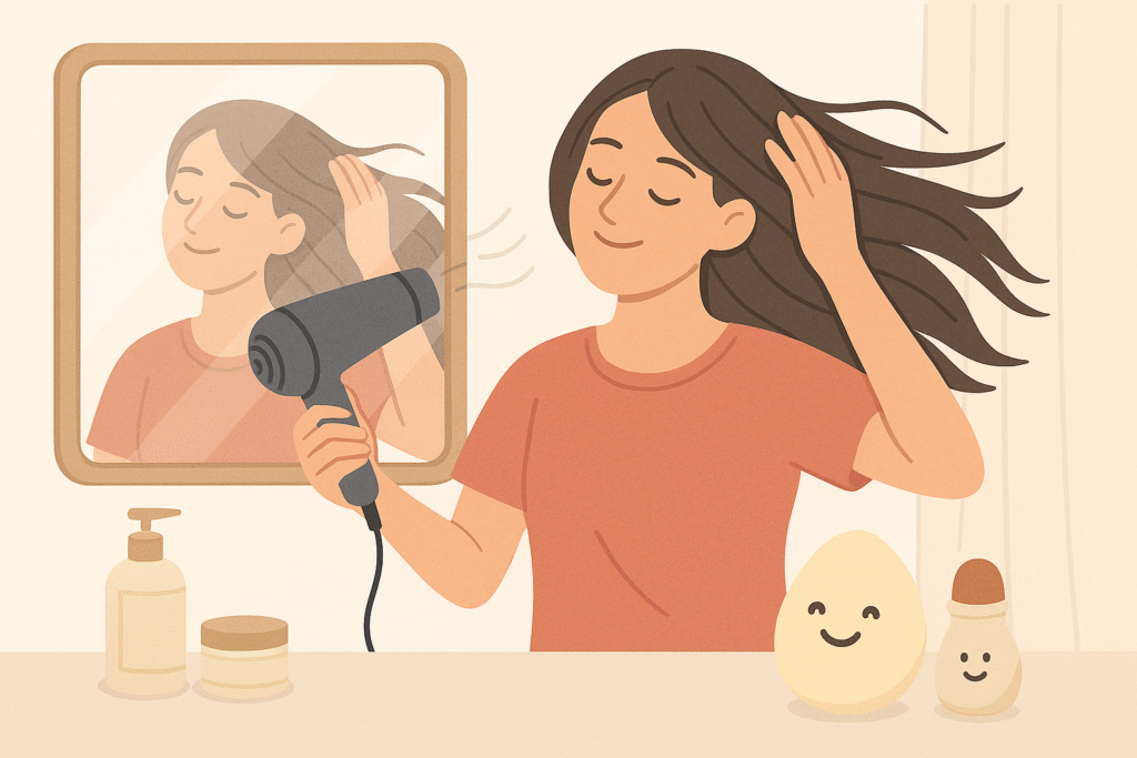 woman-drying-hair-with-hairdryer-in-front-of-vanity-mirror-image